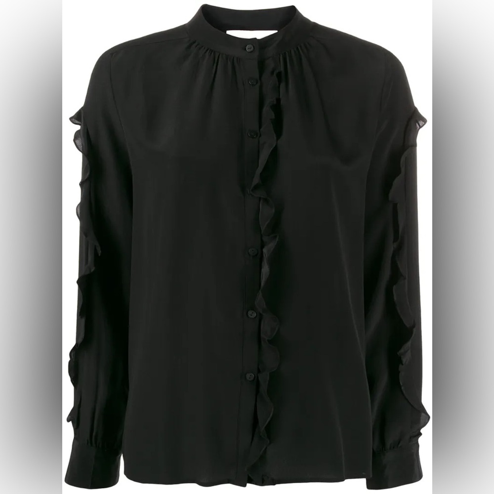 Ba&sh Black Ruffled Trim Blouse with Mandarin Collar